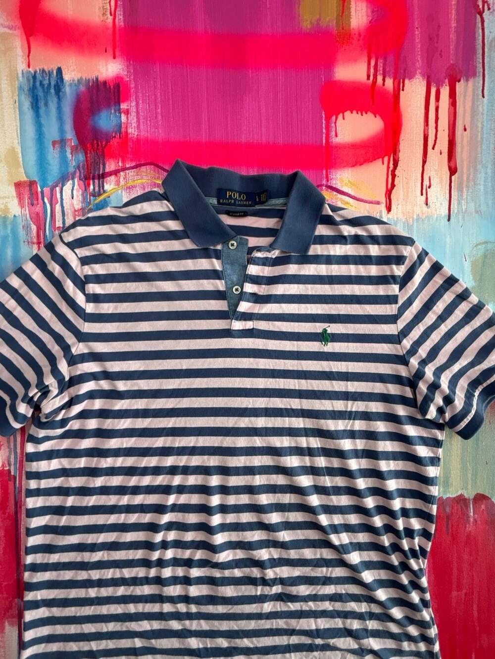 Polo Ralph Lauren Classic Fit Striped Polo Shirt Navy Pink Size L